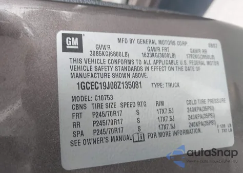 2008 Chevrolet Silverado 1500 Lt1 из США, поврежденный, VIN 1GCEC19J08Z135081